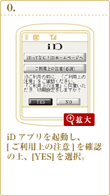 iD 設定アプリを起動し、[ご利用上の注意]を確認の上、[YES]を選択。
