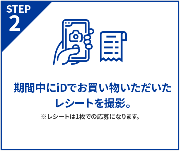 期間中にiDでお買い物いただいたレシートを撮影。※レシートは1枚での応募になります。