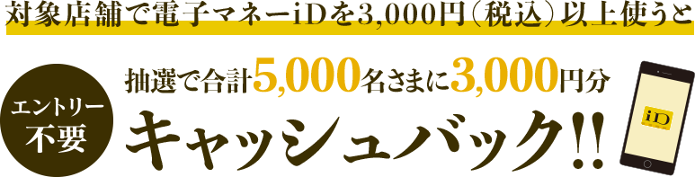 対象店舗で電子マネーiDを3,000円(税込)以上使うと抽選で合計5,000名さまに3,000円分キャッシュバック!! エントリー不要